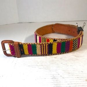 Vintage Guatemala Hand Made Leather and Fabric Ethnic Colorful Belt